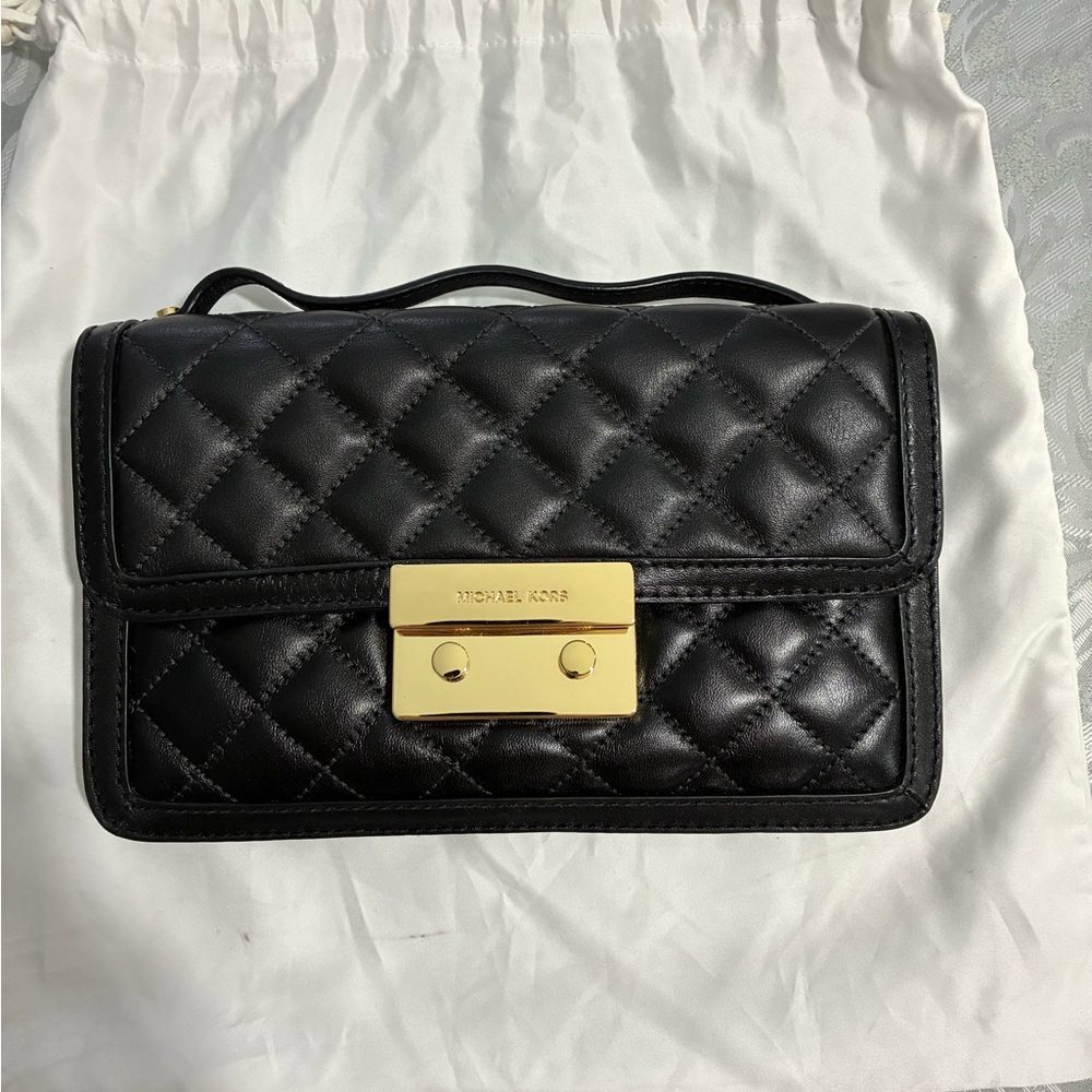 Michael Kors Black Quilted Clutch with Gold Accents